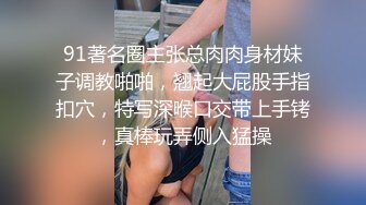 91著名圈主张总肉肉身材妹子调教啪啪，翘起大屁股手指扣穴，特写深喉口交带上手铐，真棒玩弄侧入猛操